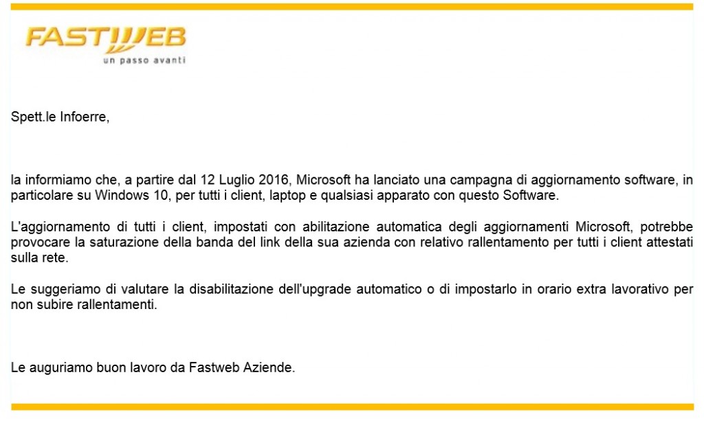 Fastweb - Aggiornamenti Windows 10